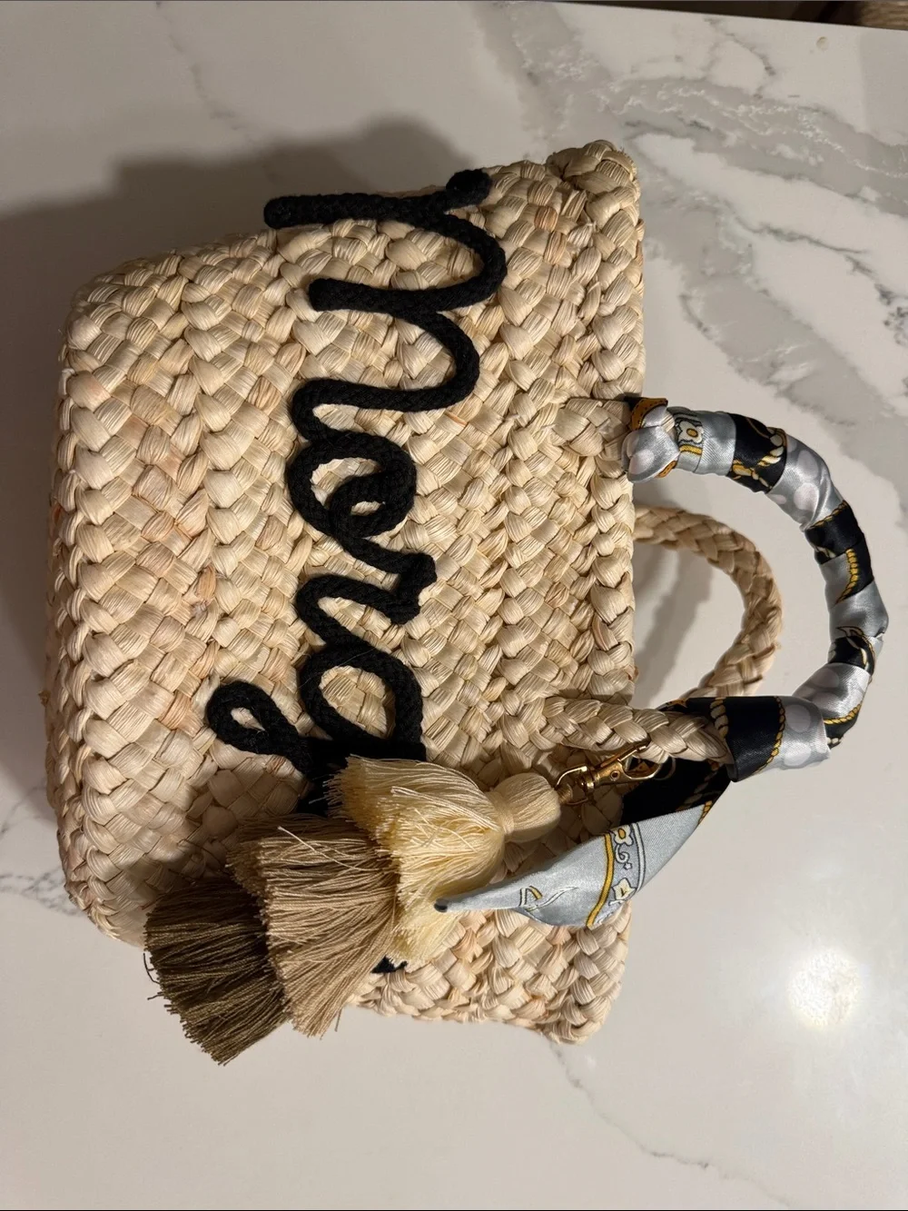 Handwoven Natural Straw Tote Bag with Black Script